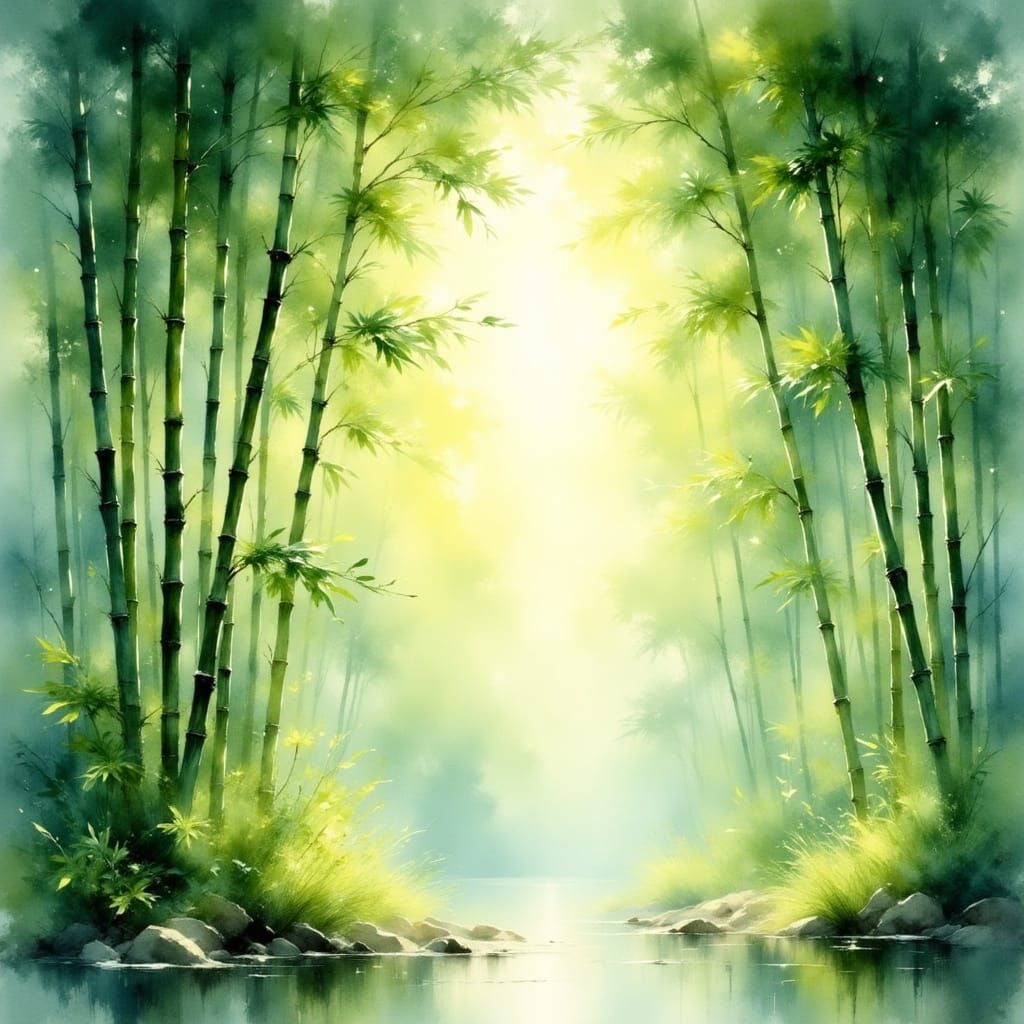 Delicate Green Bamboo Reaching for the Sky in Watercolor Sty...
