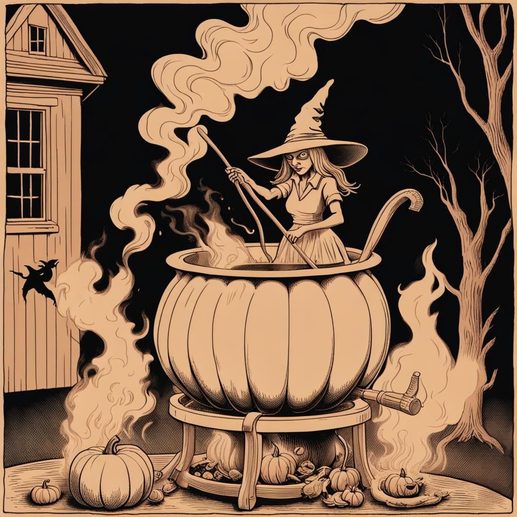 Carved Pumpkin Witch Stirring Cauldron