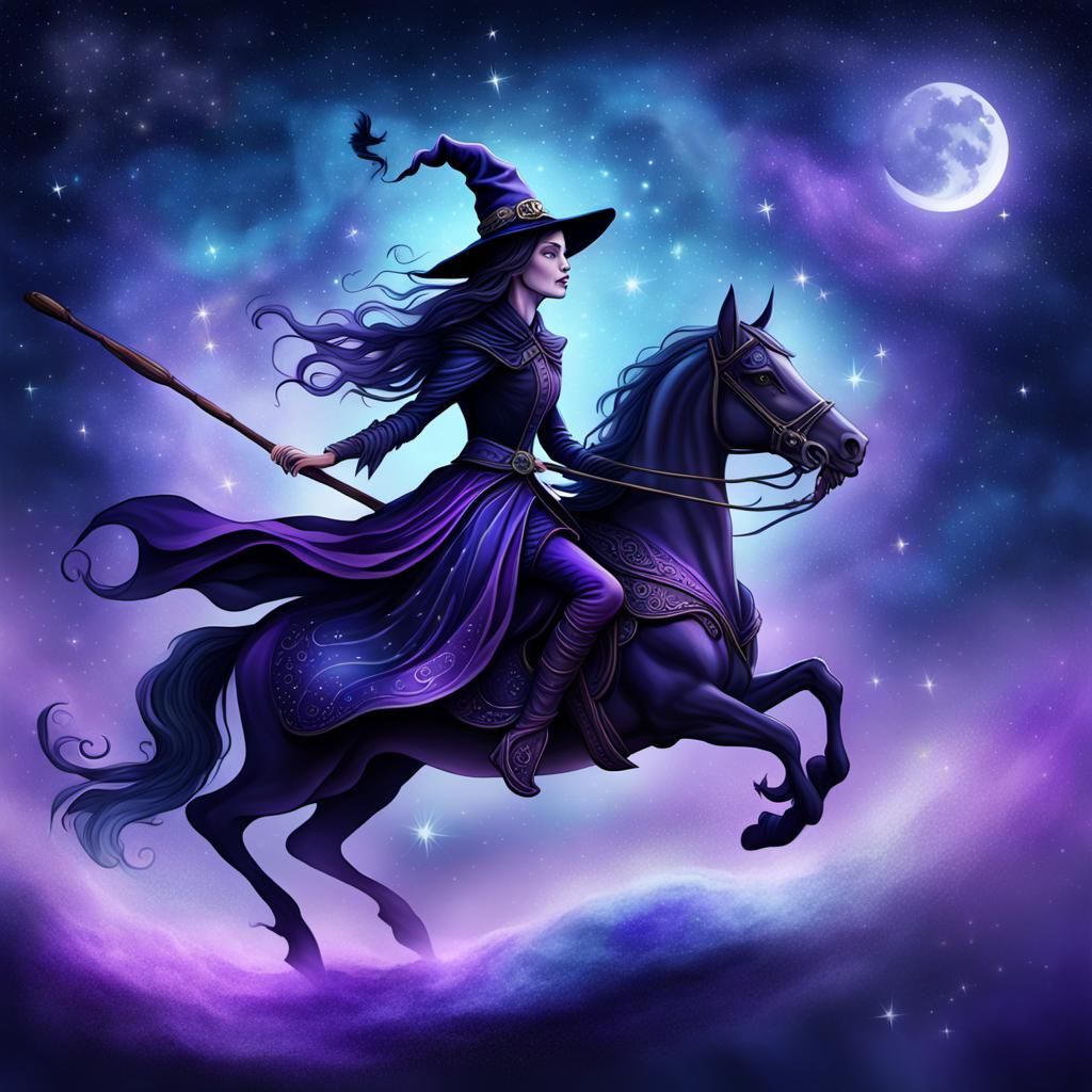 Elegant Witch Rides Broom in Surreal Starry Night