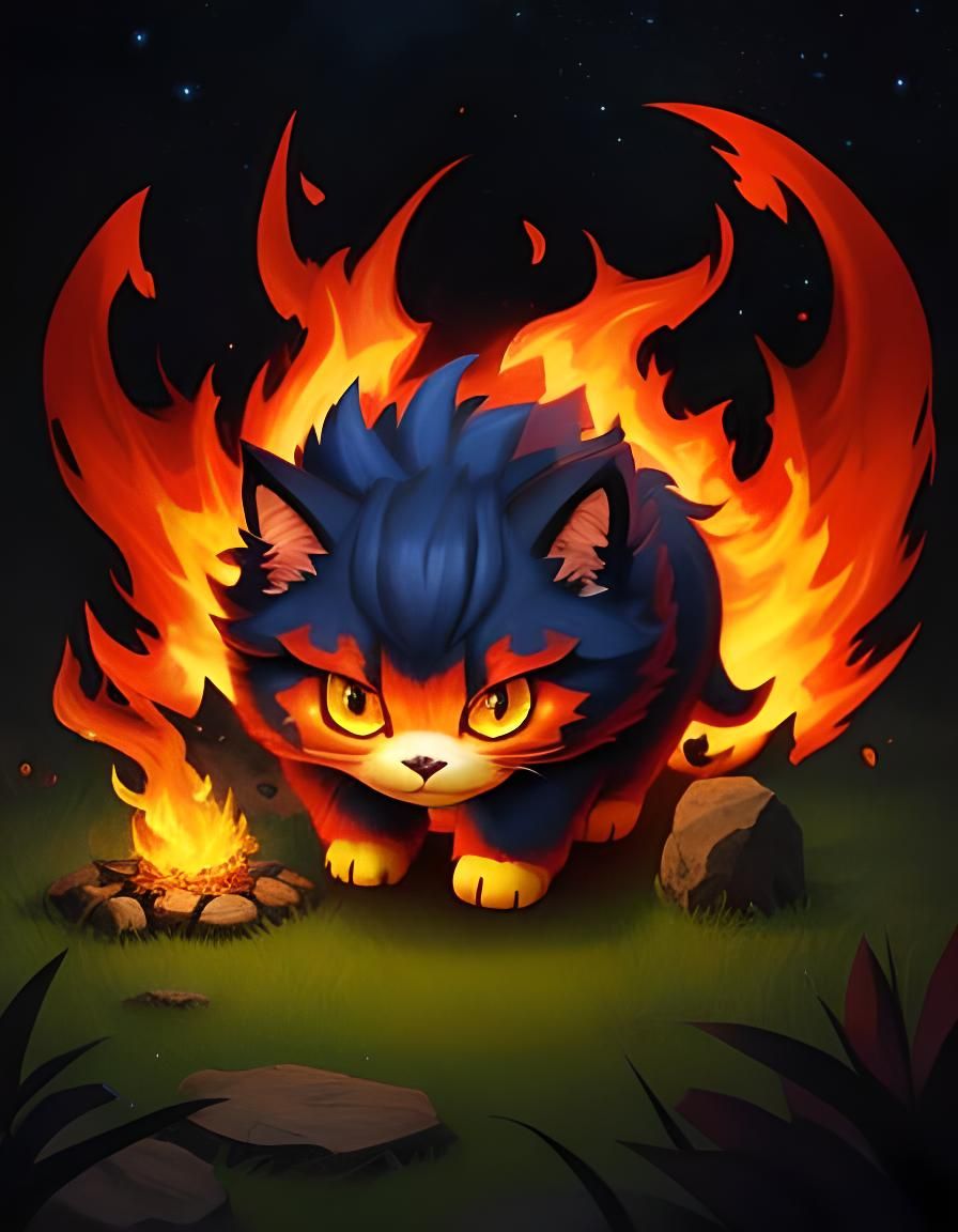 Cute Demonic Kitten Plays with Fire: Stylized Digital Art