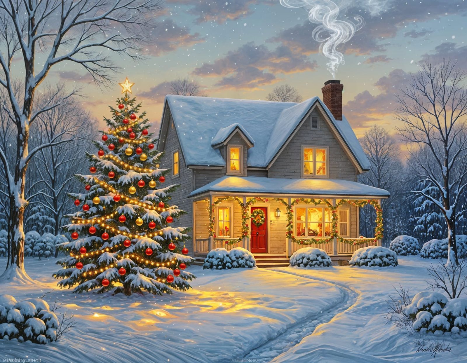 Cozy Christmas House in Snowy Winter Evening