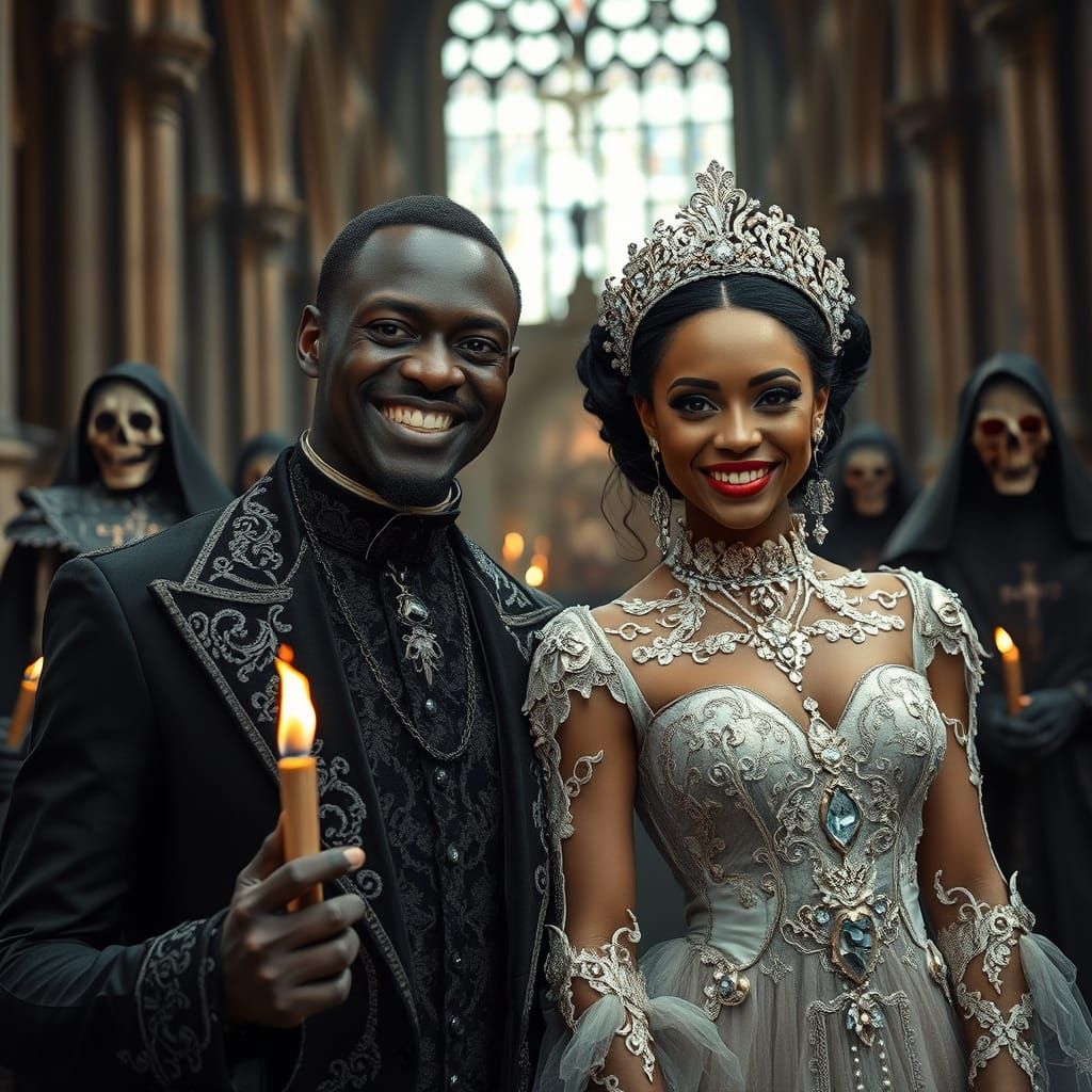 Gothic Couple in Cathedral with Undead Figures