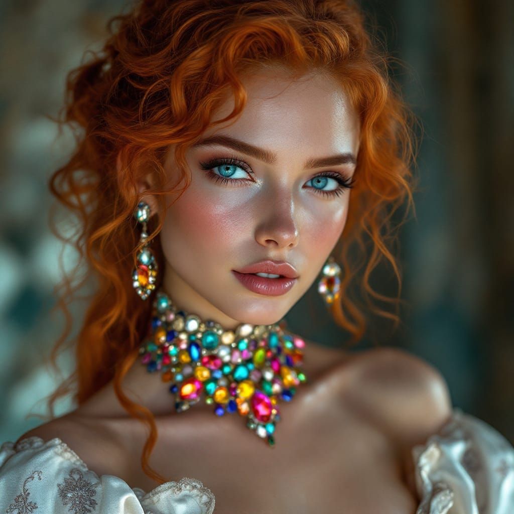 Vibrant Digital Portrait of Woman in Brocade Gown