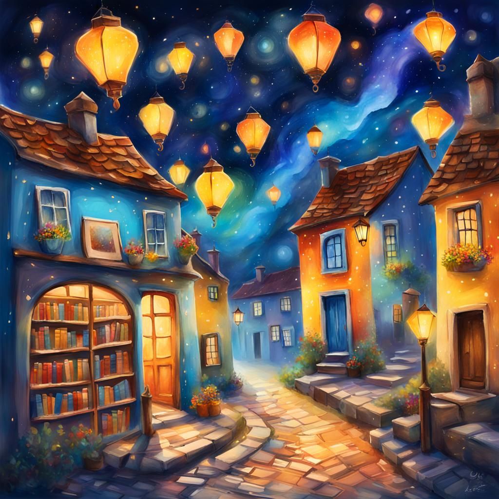 Cosmic Bookshop Illustration with Mystical Energy