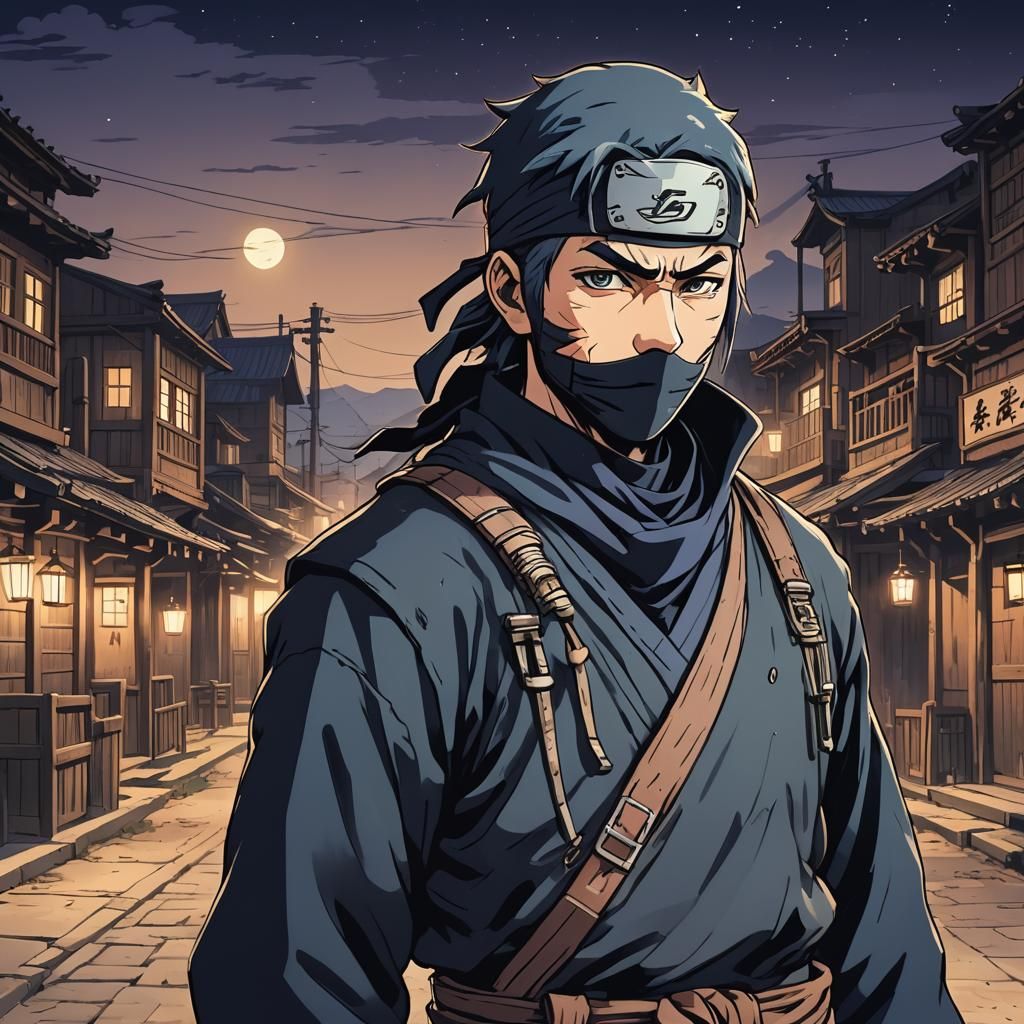 Ninja in Old West Town at Night: Cel-Shaded Anime Art