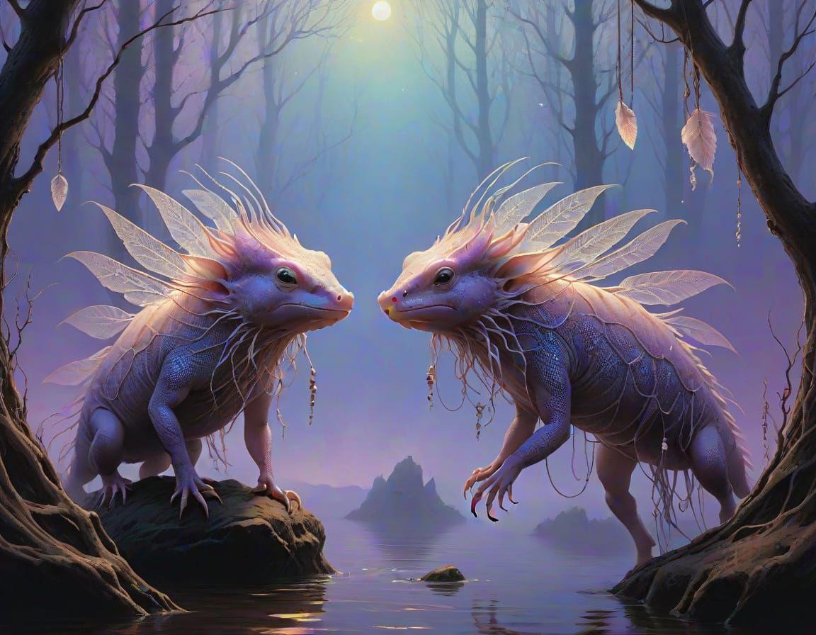 Ethereal Axolotl Pair in Dreamy, Surrealist Landscape