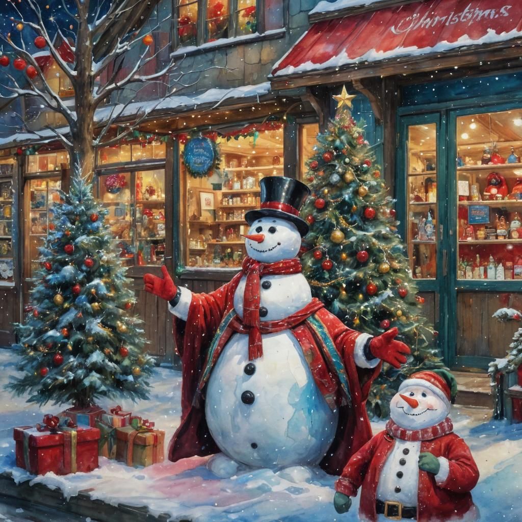 Snowman and Santa Chat in Alcohol Ink Painting