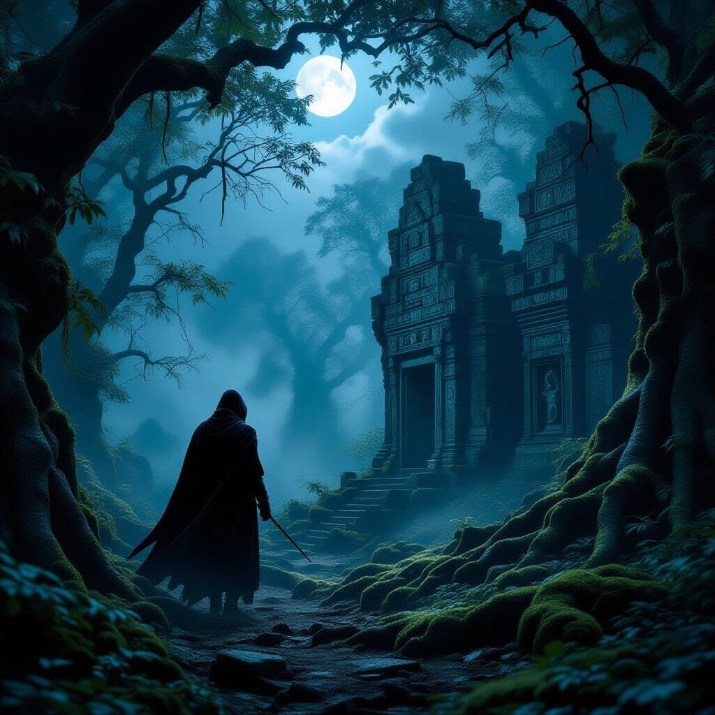 Mysterious Assassin in Ancient Forest at Twilight