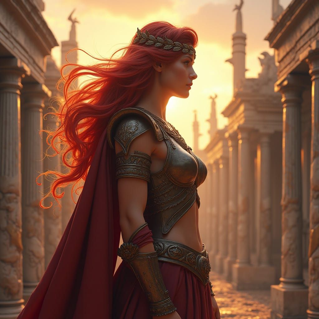 Goddess Athena in Golden Light, Ancient Greek Cityscape