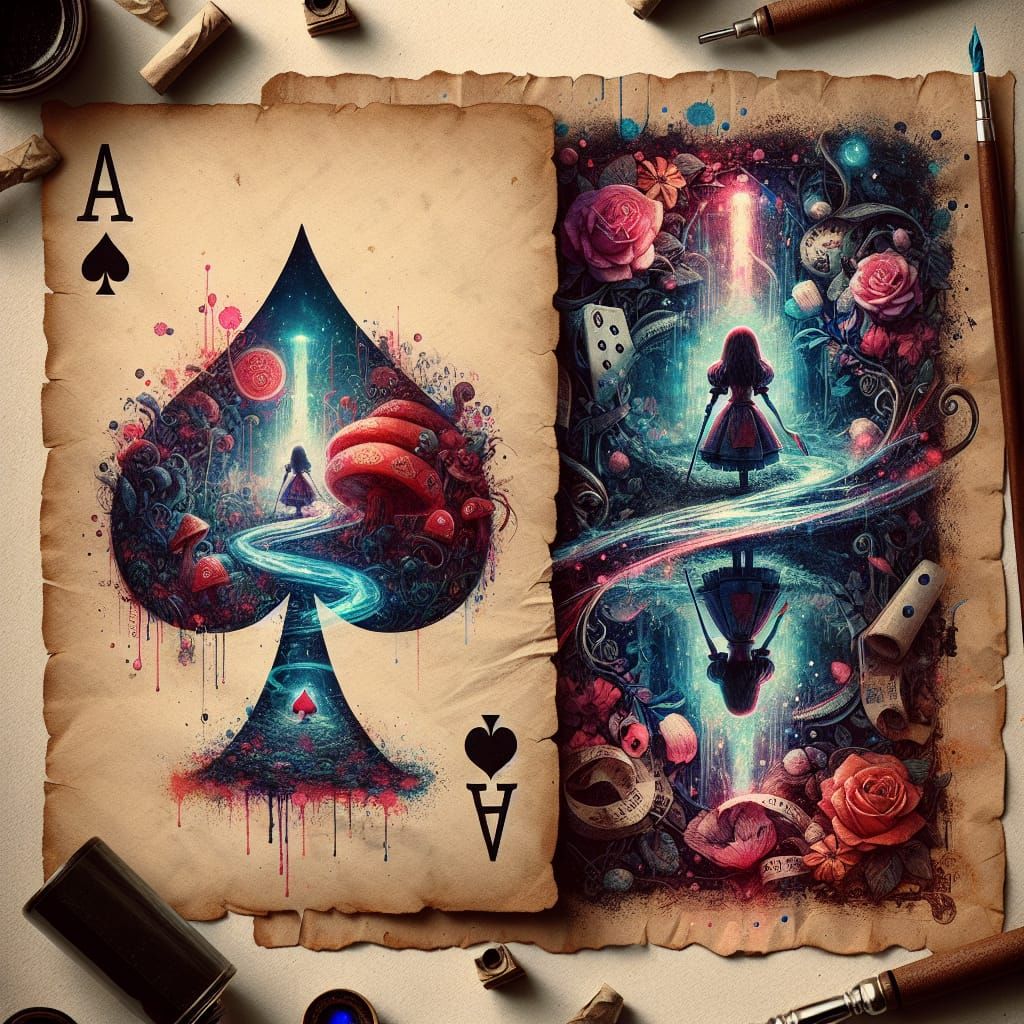 Alice in Wonderland UV Art with Vintage Ink Painting Style