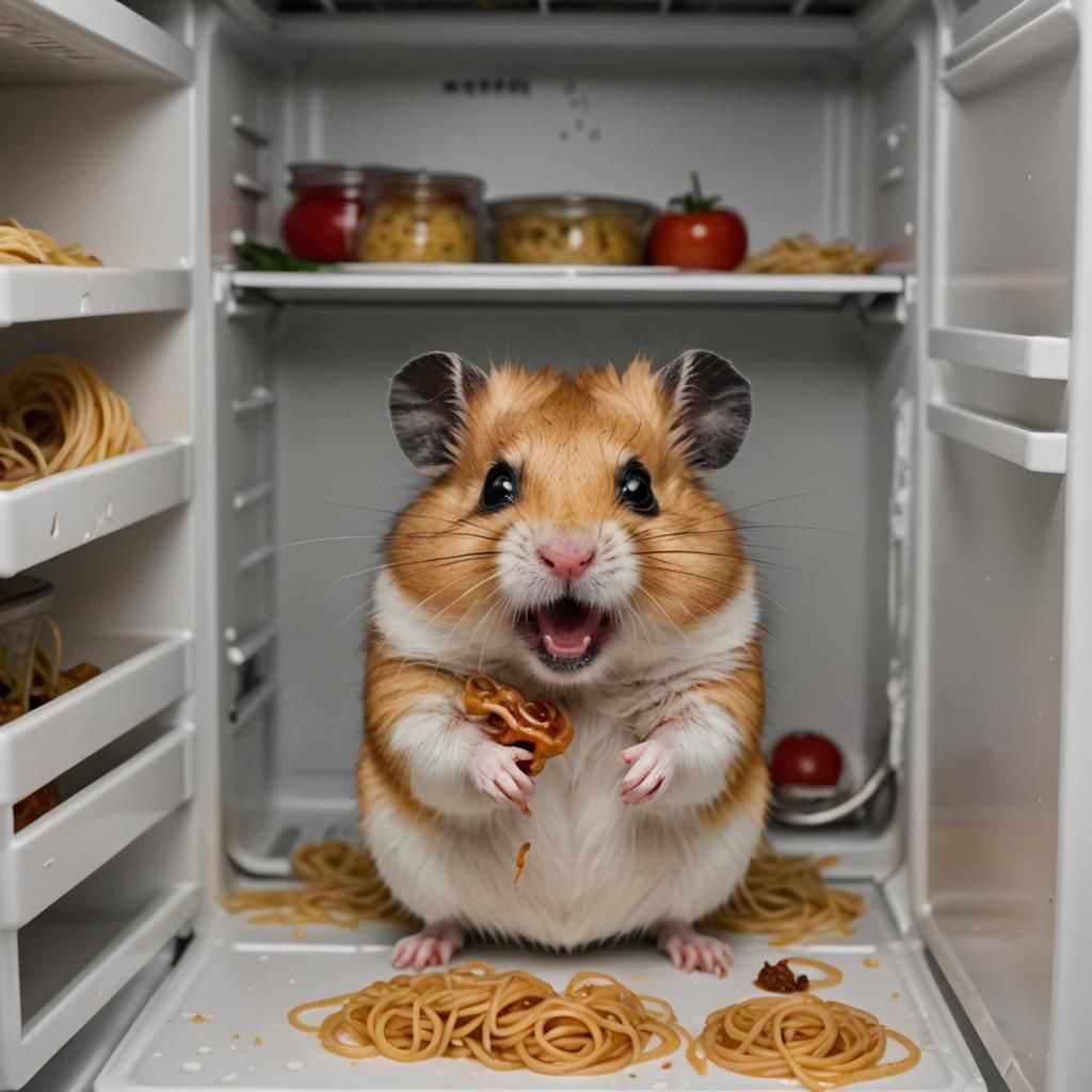 Angry Hamster Eats Spaghetti in Refrigerator