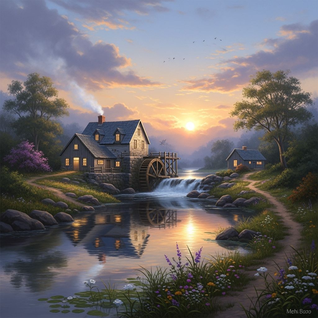 Majestic Watermill at Sunset in Romantic Hyper-Realistic Sty...