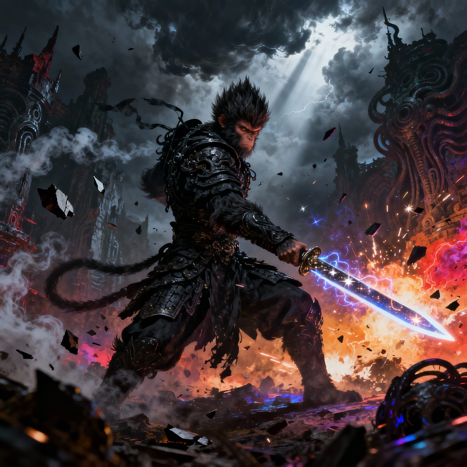 Wukong with Stellar Blade in Dark Fantasy Kingdom