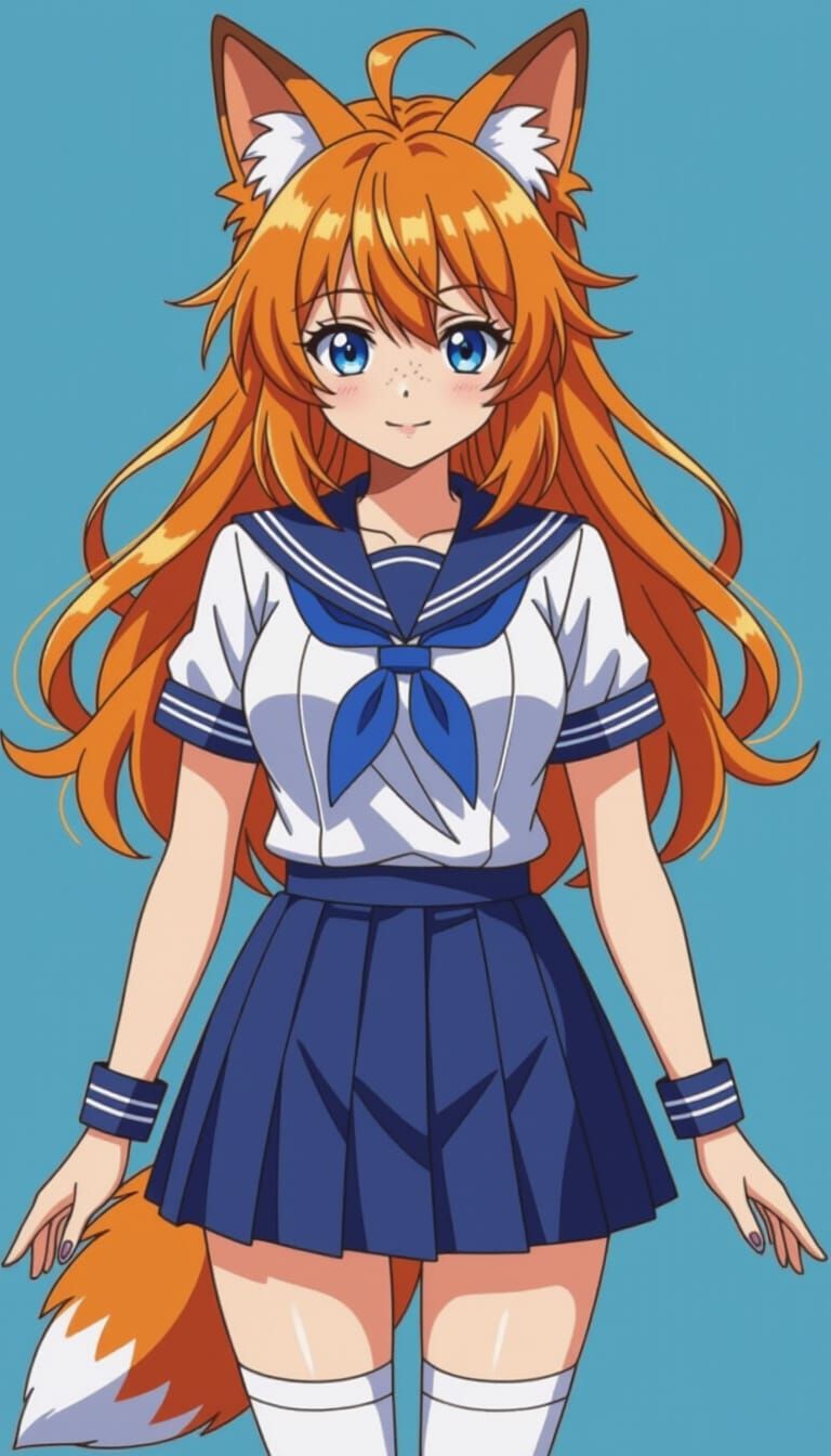 Fox-Eared Woman in Seifuku Uniform, Anime Style