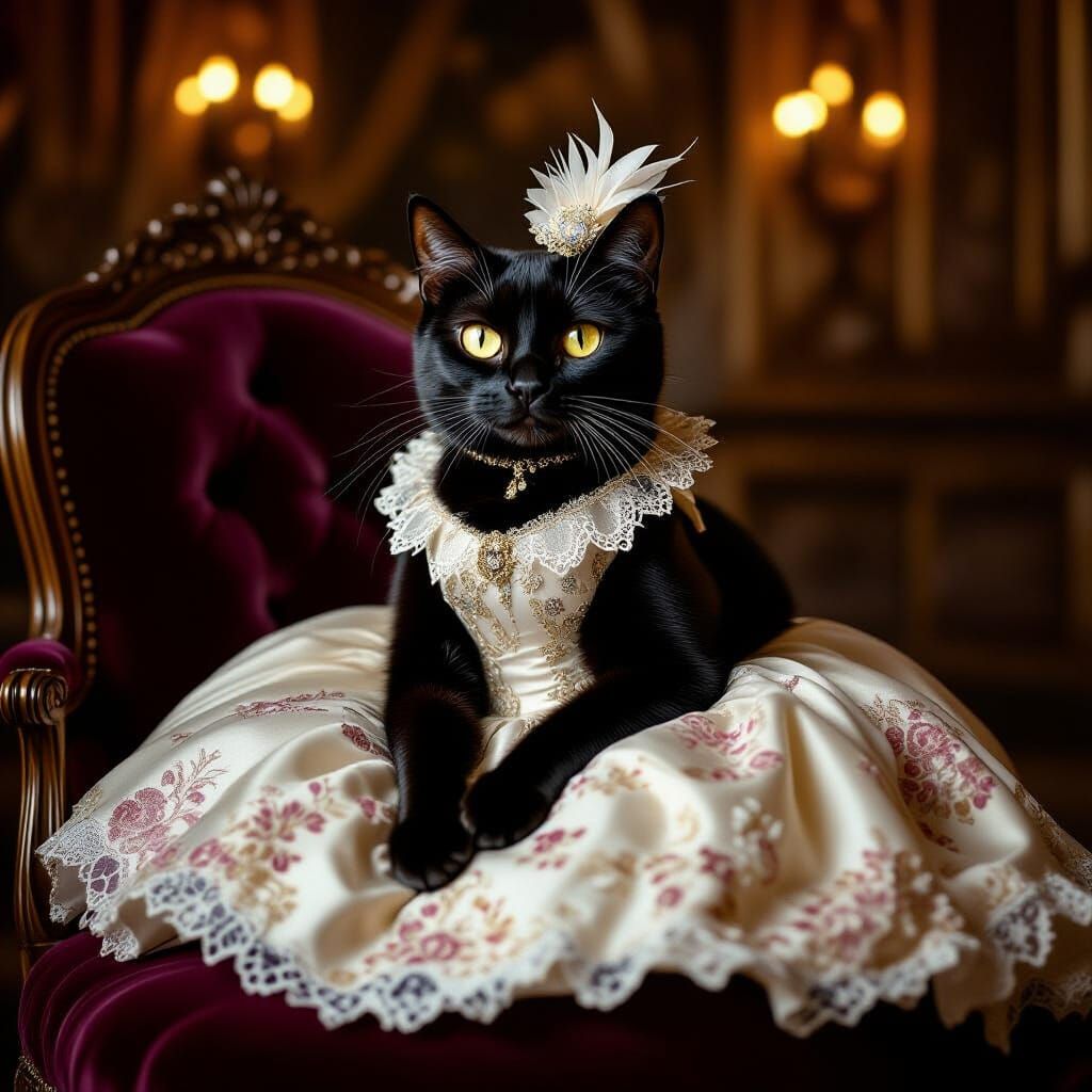 Regal Black Cat in Haute Couture Gown