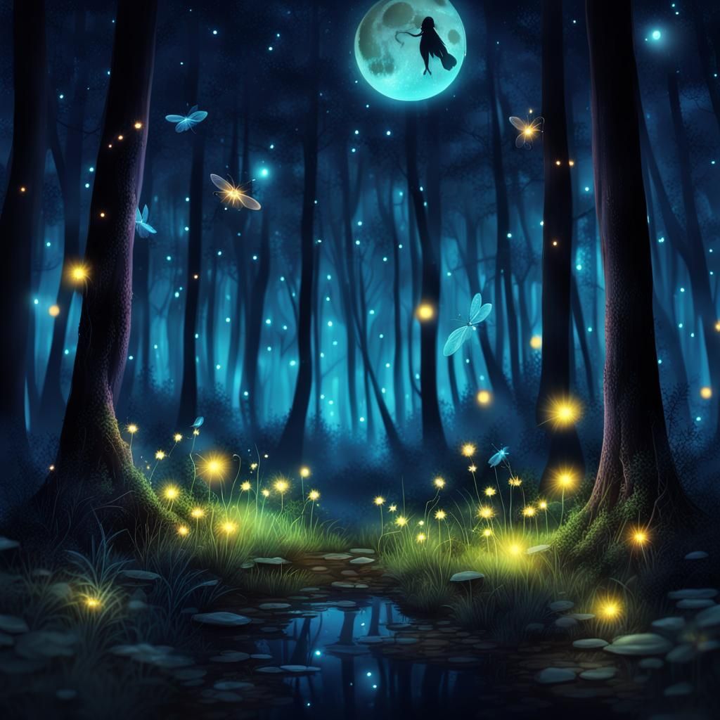 Neon Fireflies in a Magical Forest at Night