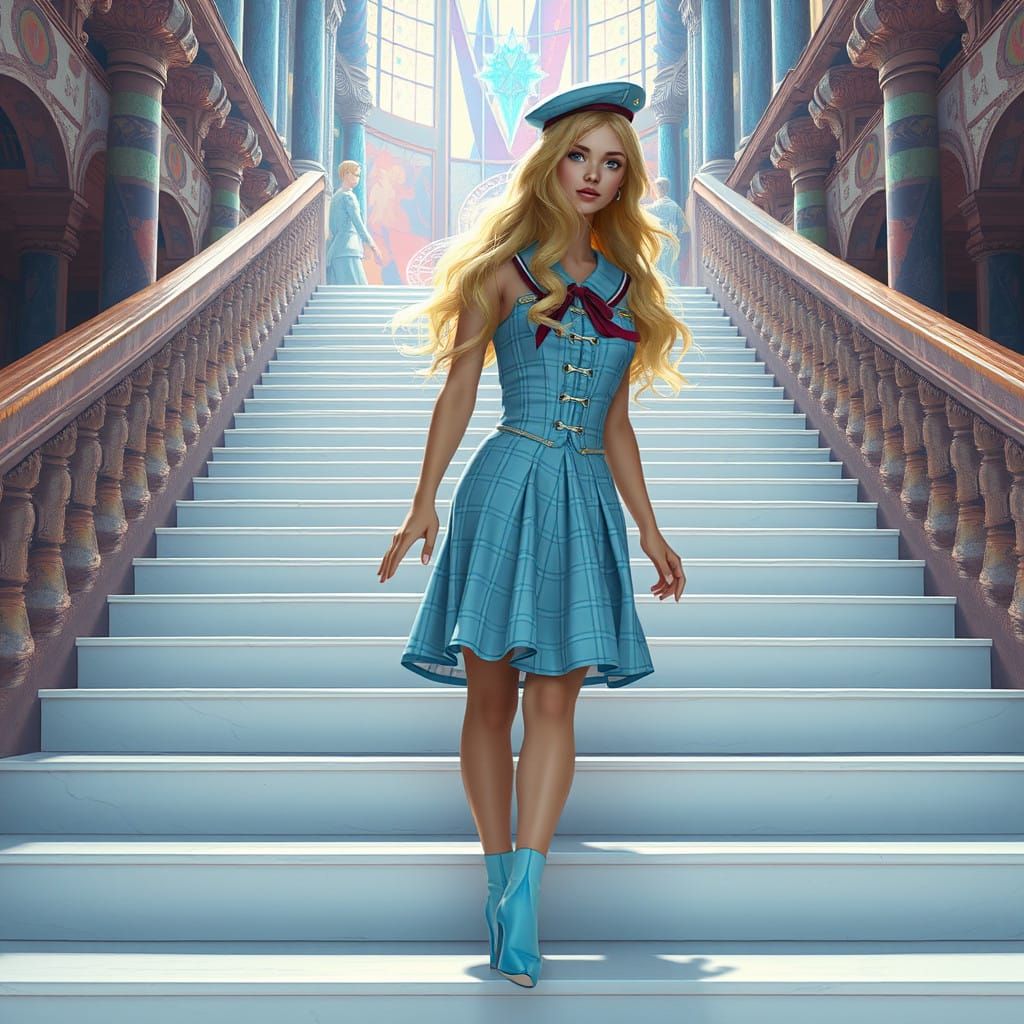 Curvaceous Blonde Princess Climbs Grand Staircase in Vibrant...
