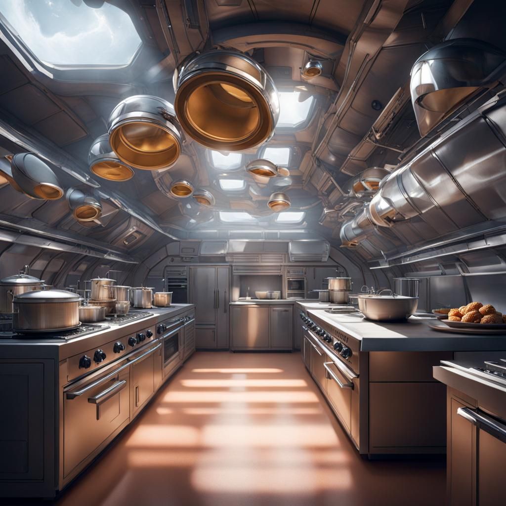 Empty Spaceship Kitchen with Floating Debris