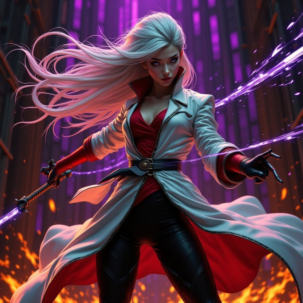 Glowing Kung Fu Warrior in Vibrant Purple Fire Background