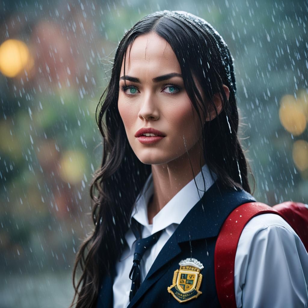 Person in School Uniform in Heavy Rain