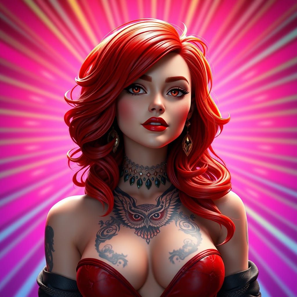 Enchanting Redhead with Owl Tattoo in Vibrant Cinematic Scen...