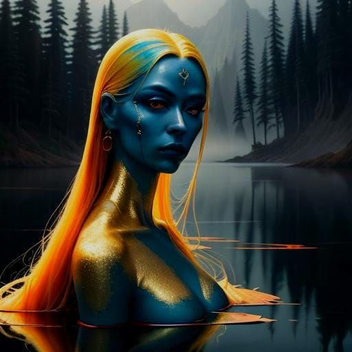 Mystical Figure at Dreamlike Lake, Surreal Oil Painting