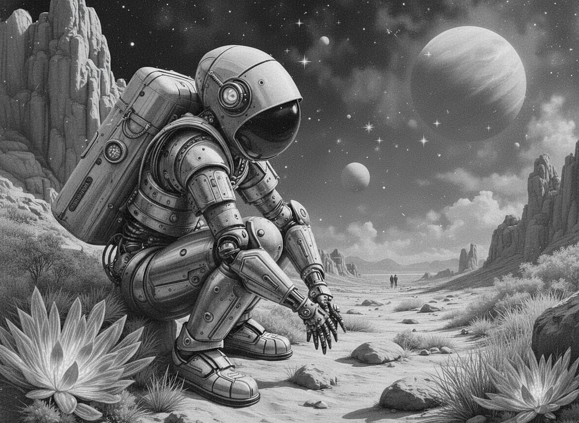 Ancient Robot Gardener on Alien Moonscape