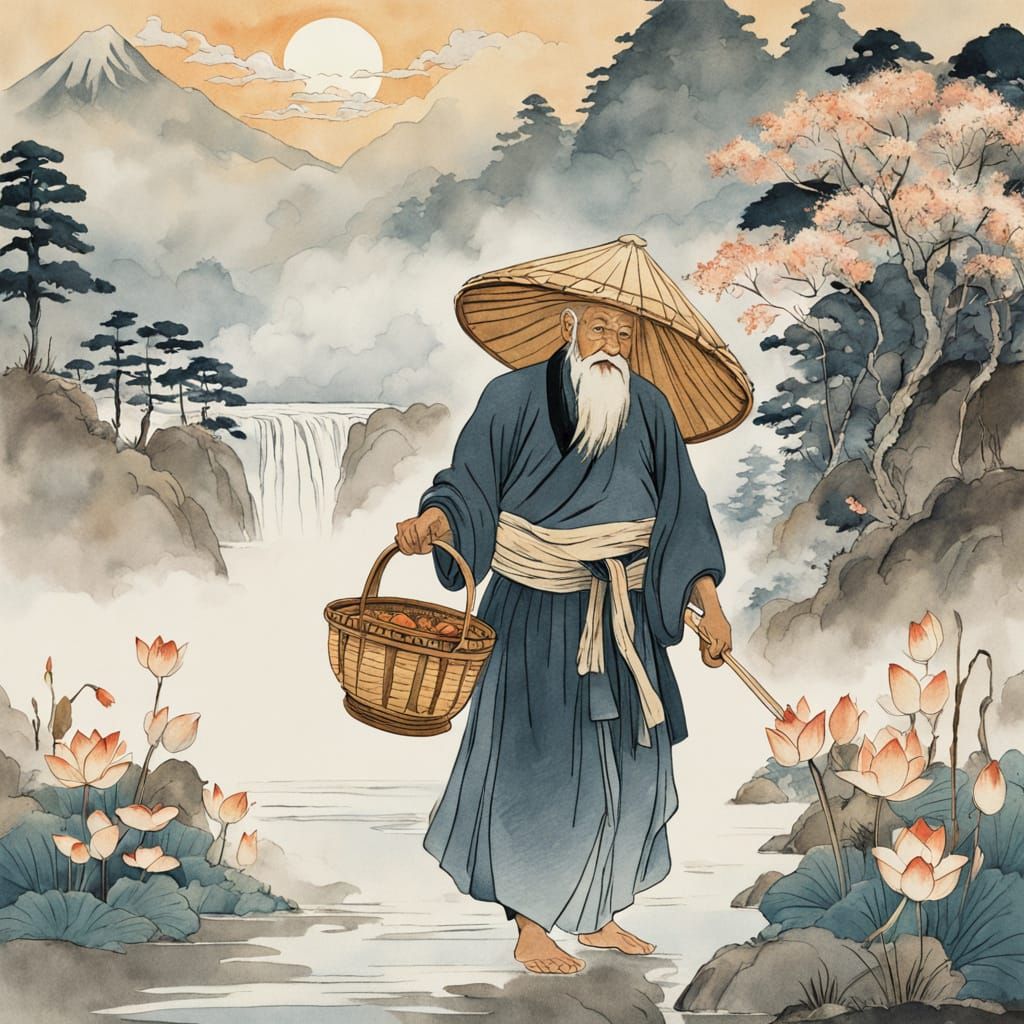 Ukiyo-e Print of Old Man with Basket