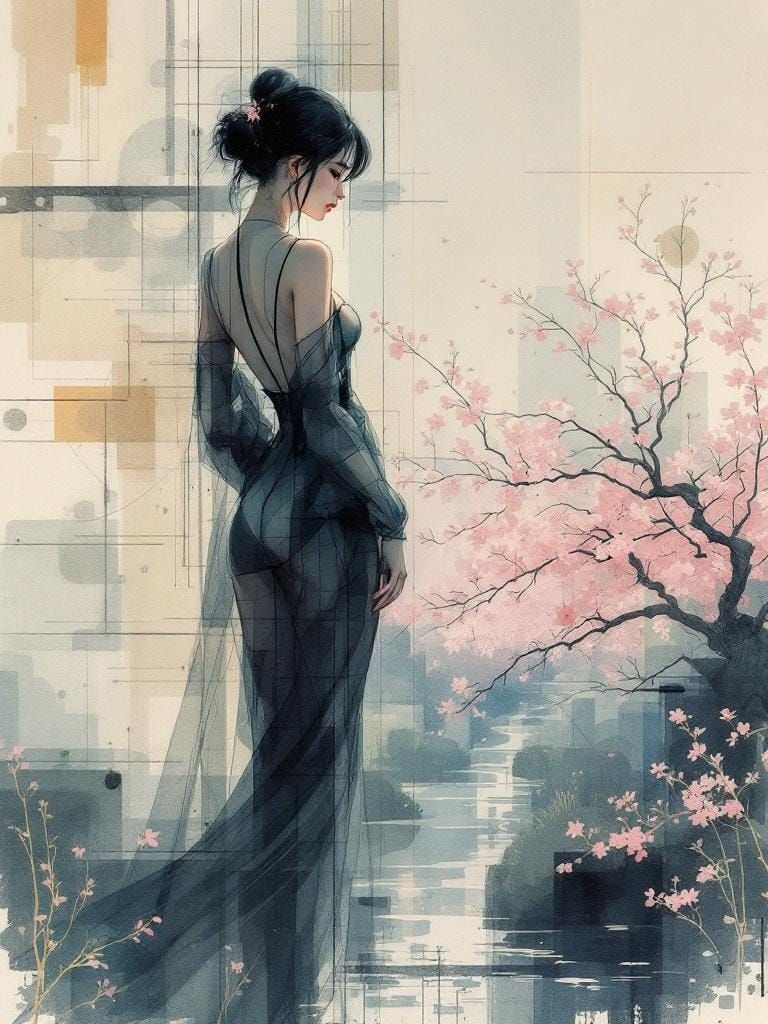 Abstract Figure in Geometric Garden, Atmospheric Watercolor ...