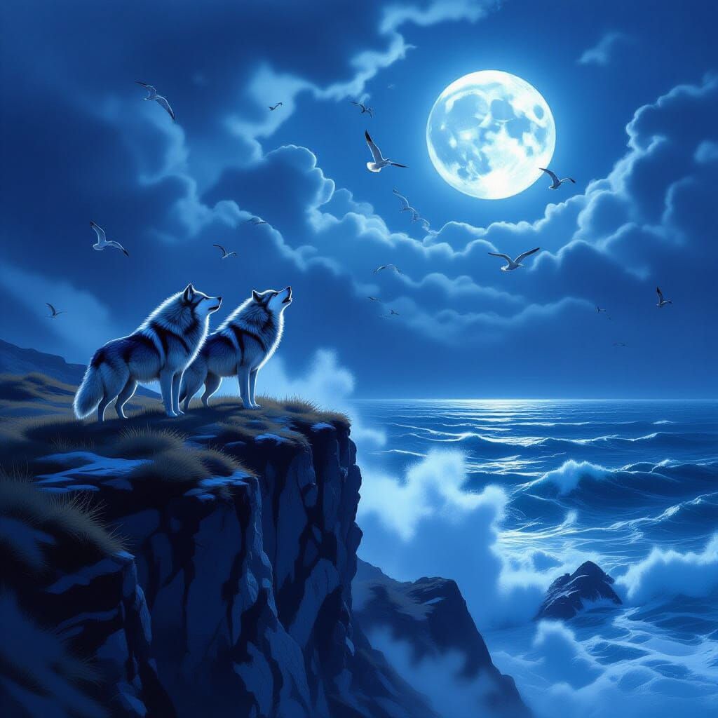 Wolves Howling on Stormy Cliff Under Full Moon