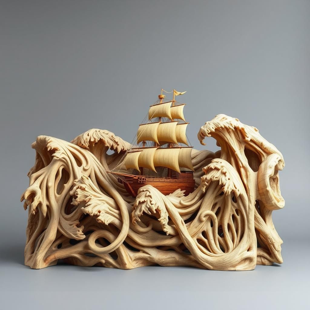 Driftwood Sculpture: Sailing Ship in Stormy Seas