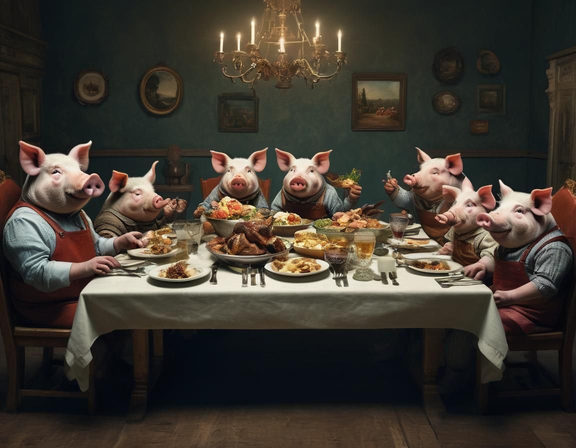 Anthropomorphic Pigs Feast at Dinner Table
