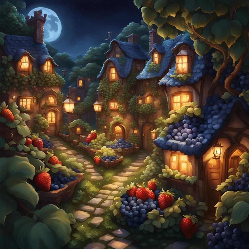 Lush Fairy Garden Village at Night