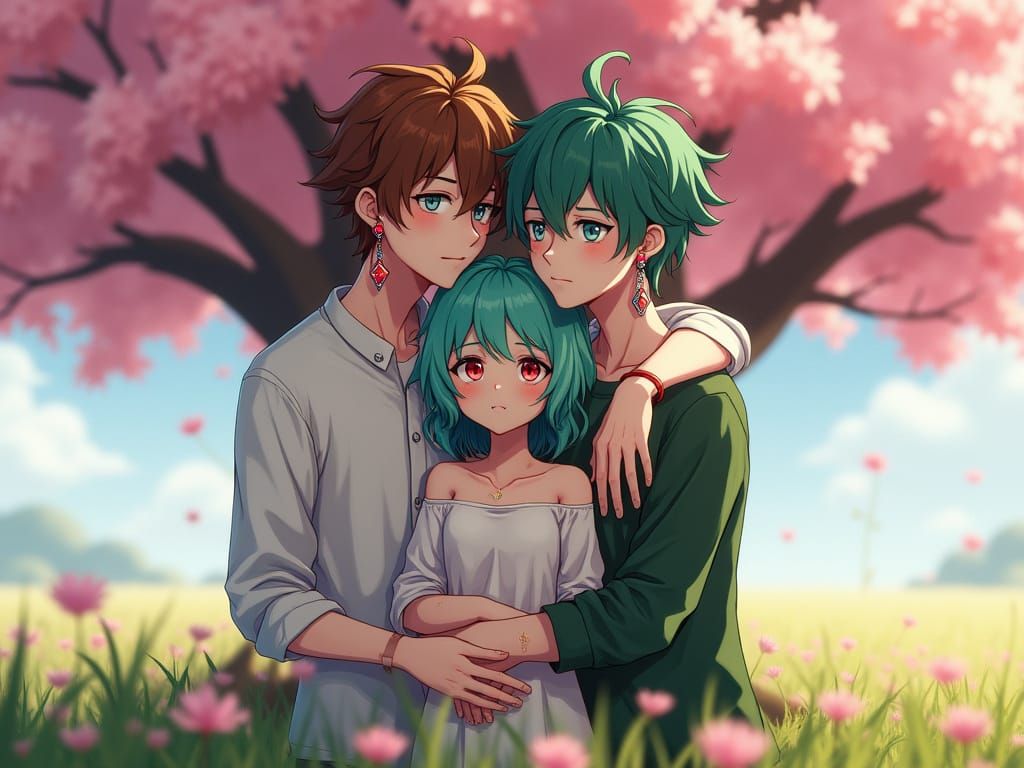 Anime-Style Hugging Couple in Cherry Blossom Meadow