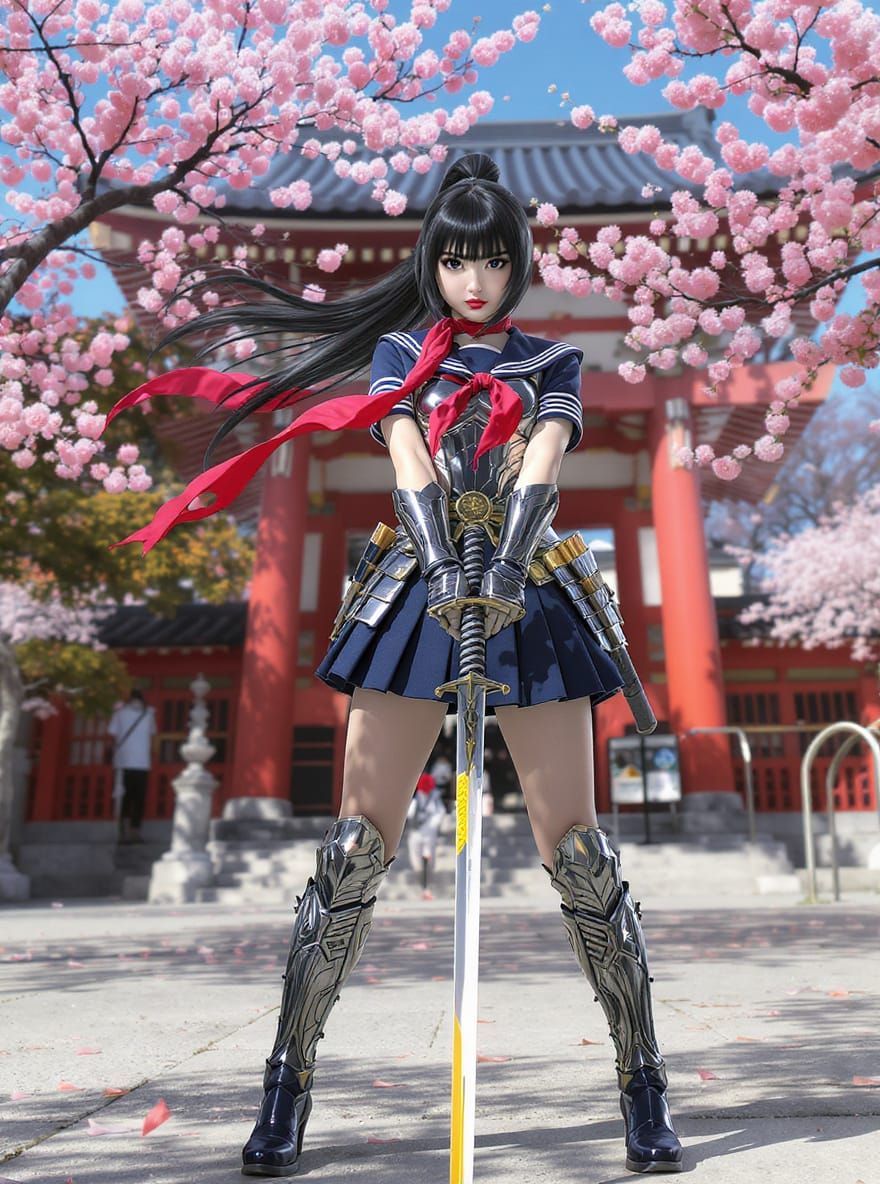 Cute Sailor Armor Woman with Katana at Shrine