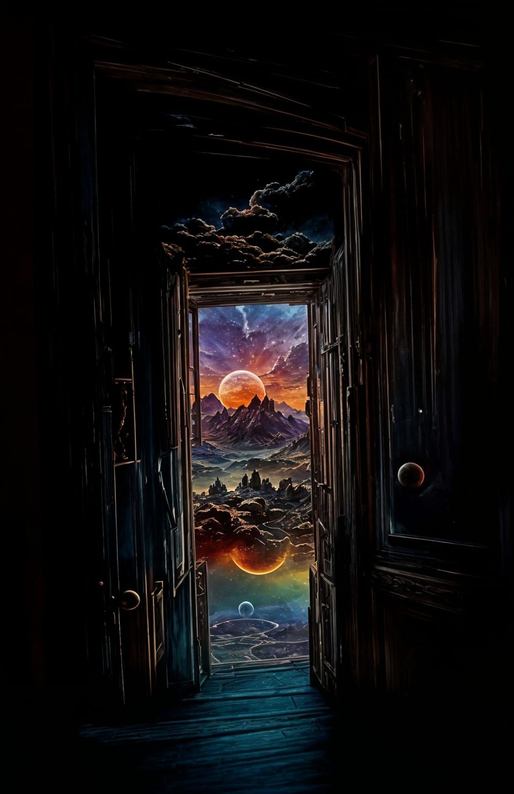 Mystical Doors in Cosmic Landscape, Surreal Digital Art