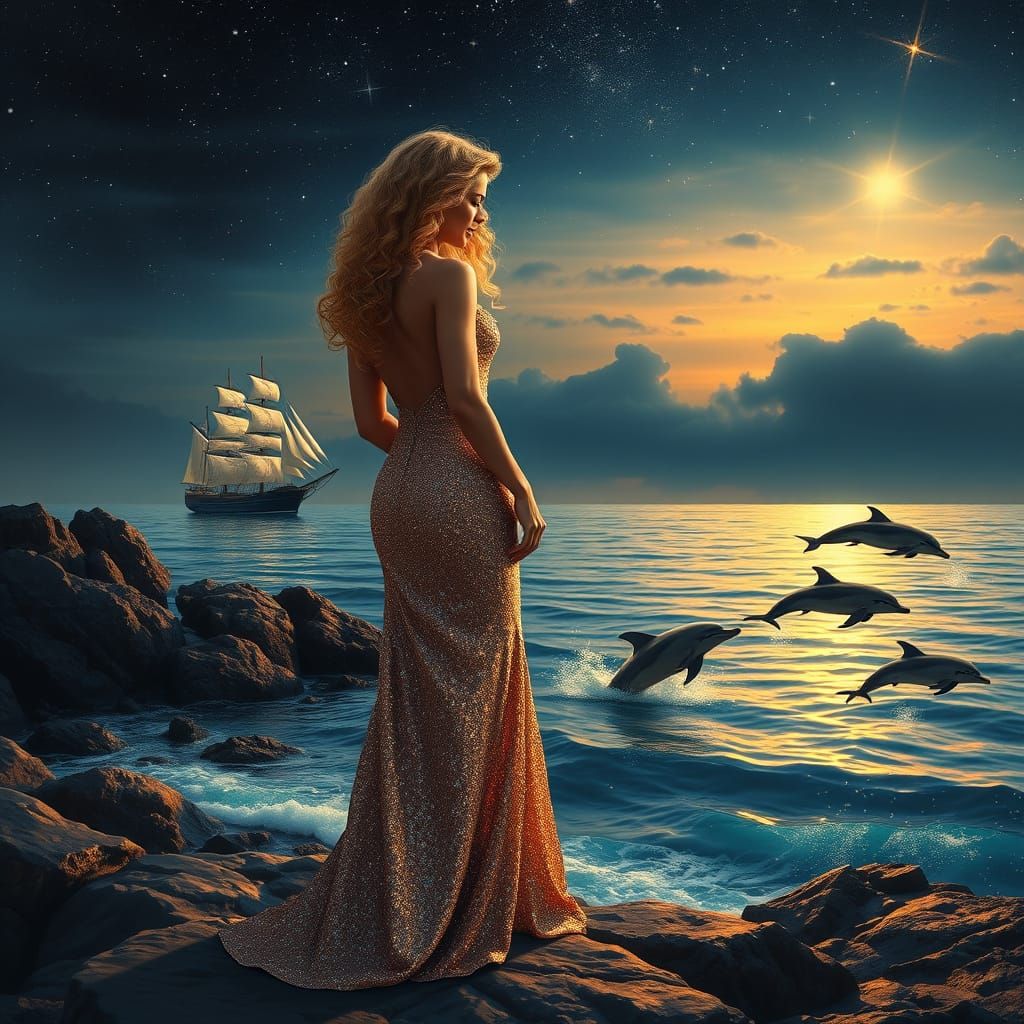 Ethereal Beauty on the Sea Shore in a Glimmering Evening Gow...