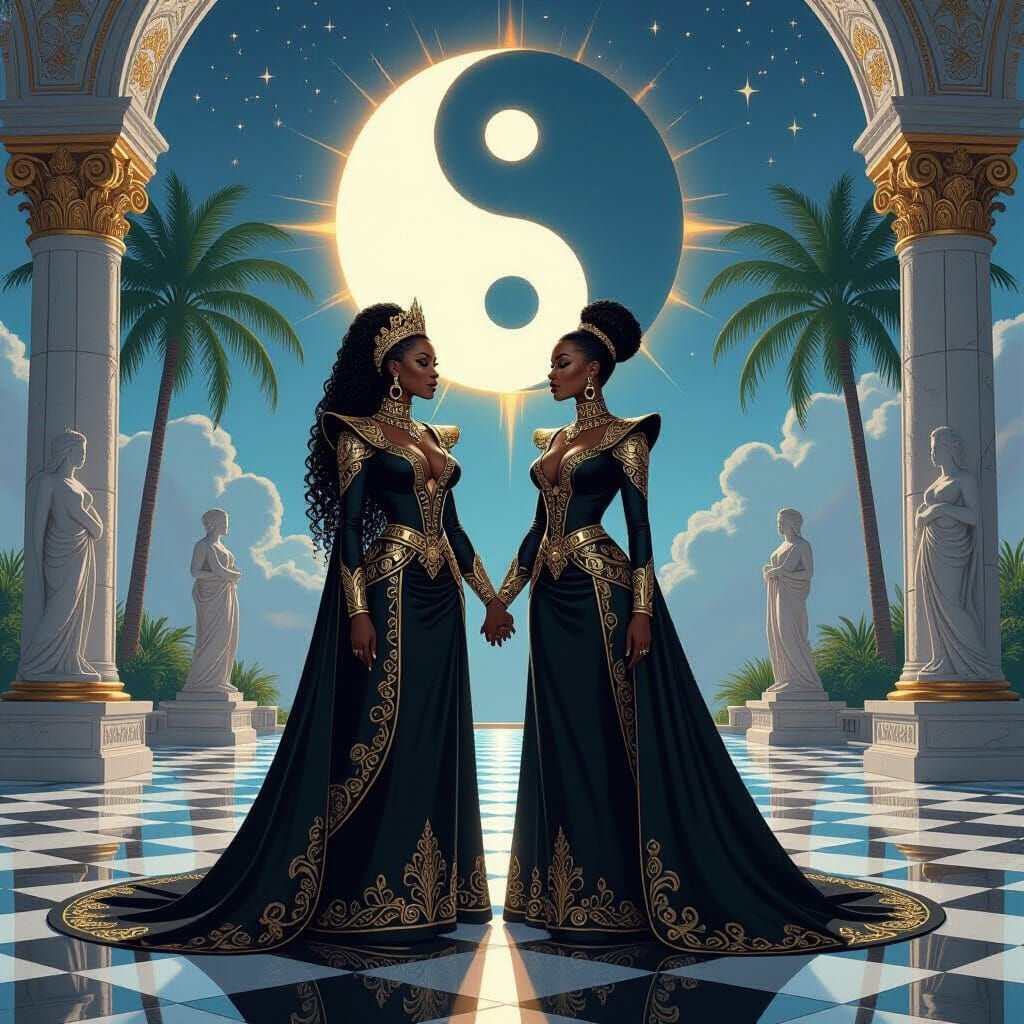 Celestial Balance: Two Black Goddesses in Royal Armor
