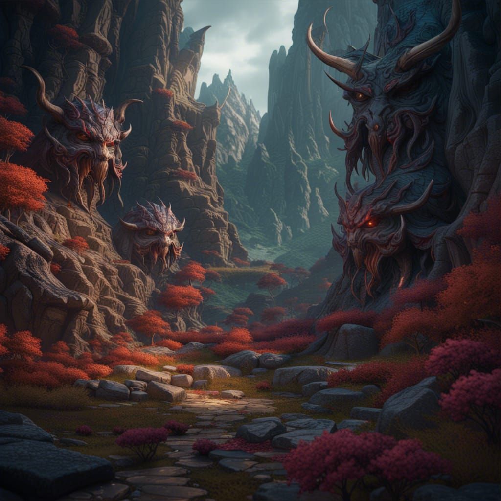 Fantastical Demon Hidden Valley: Detailed Matte Painting