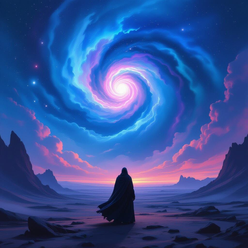 Lone Figure Gazes at Nebula on Alien Planet