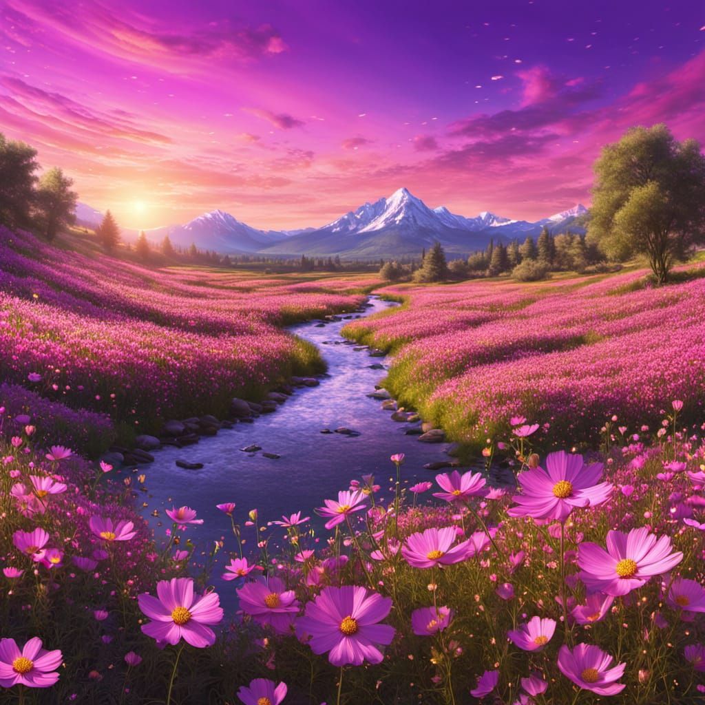 Surreal Fauvist Landscape with Cosmos Flowers