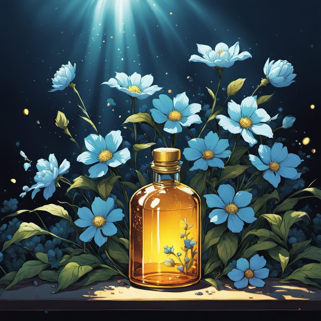 Golden Elixir Bottle Surrounded by Azure Flowers