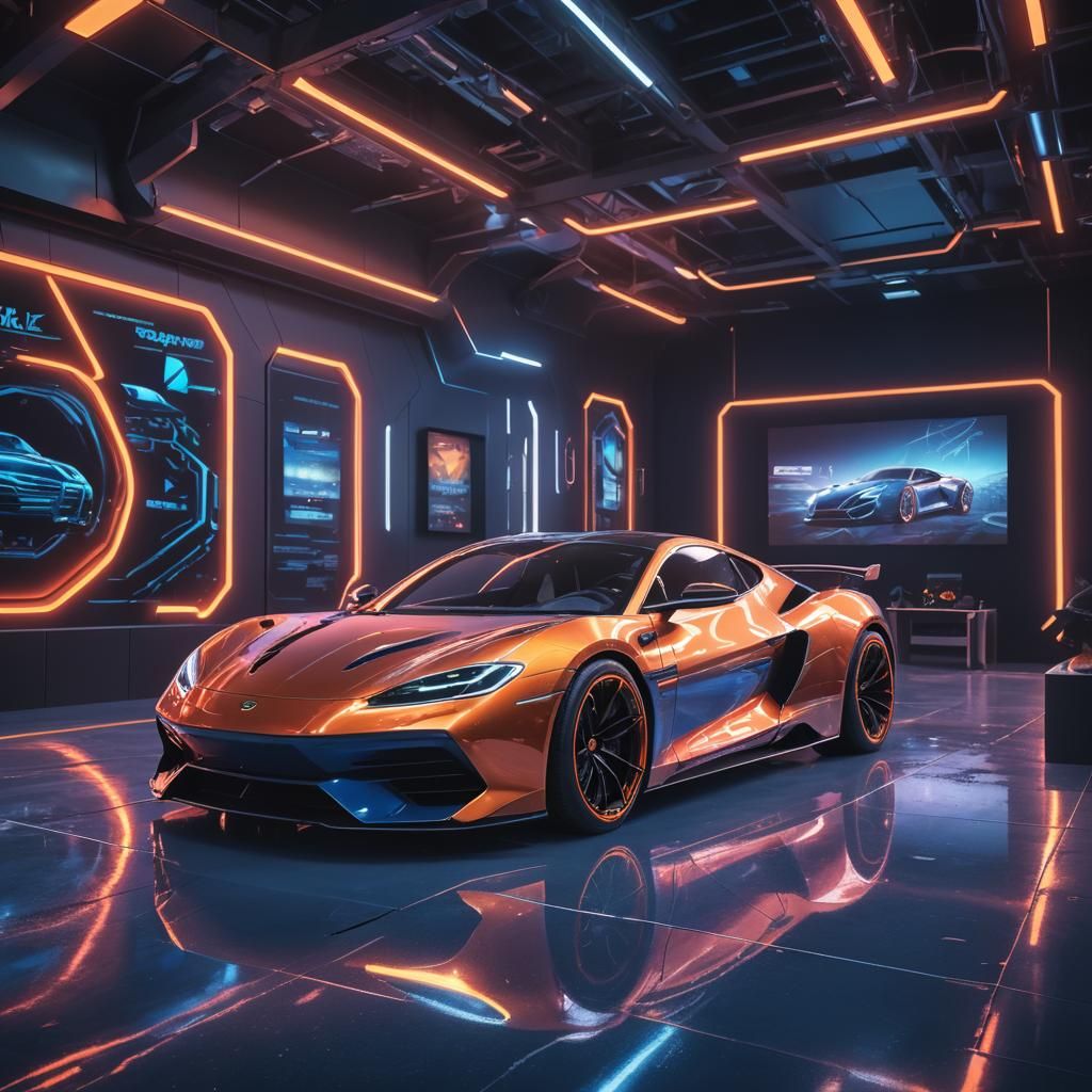 Cyberpunk Sports Car Showroom with Neon Lights