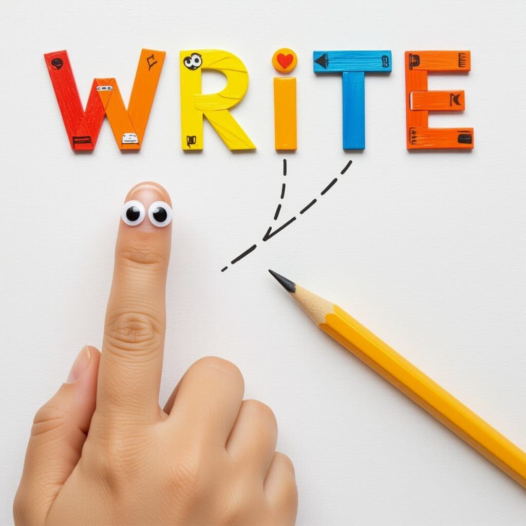 Cute Finger Points to "WRITE" Word Made of Paper and Pencil