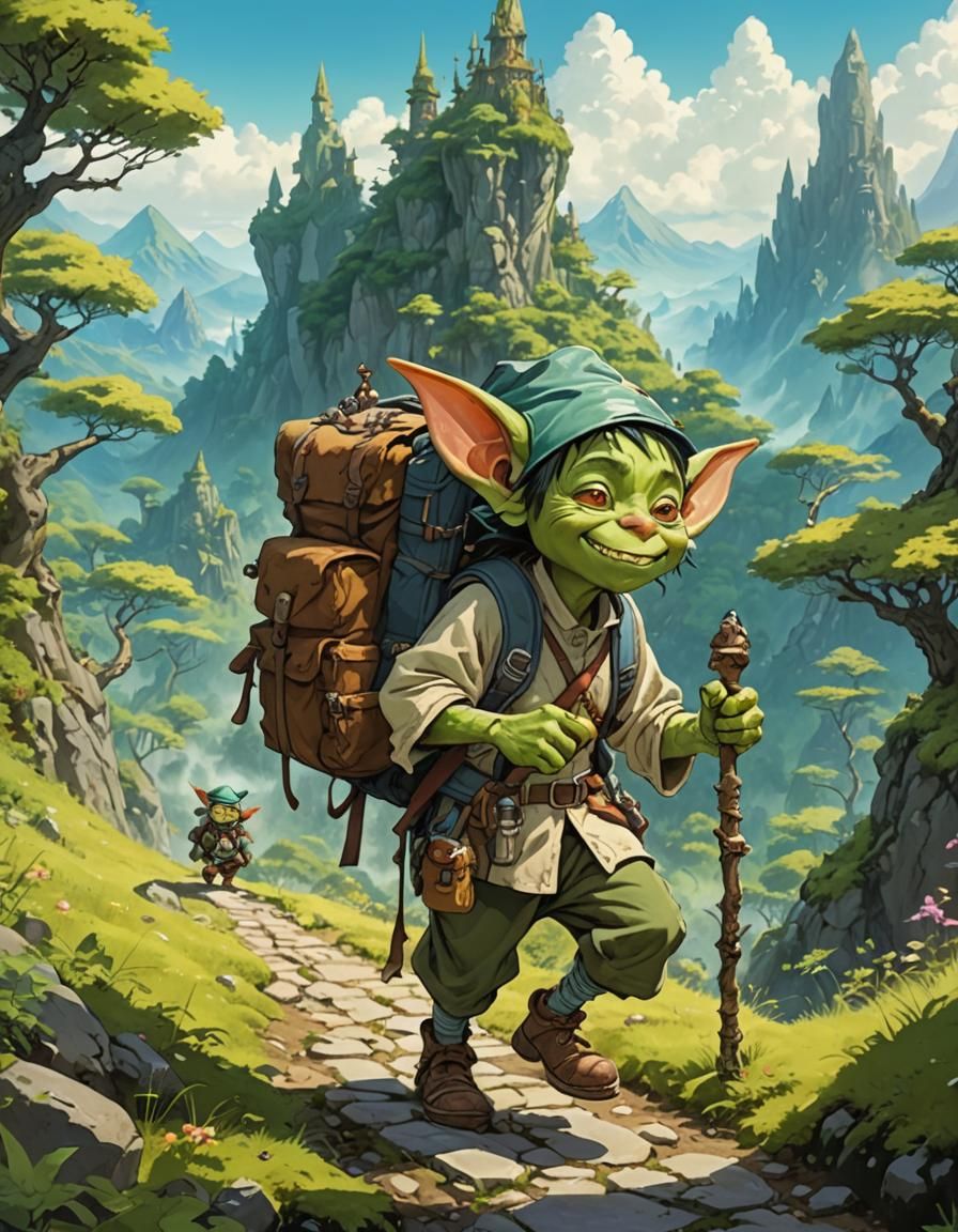 Goblin Adventurer in Enchanted Forest Landscape