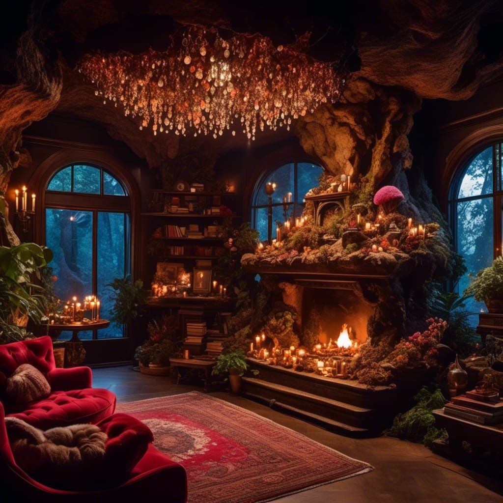 Cozy Geode Cave with Fireplace and Warm Lighting