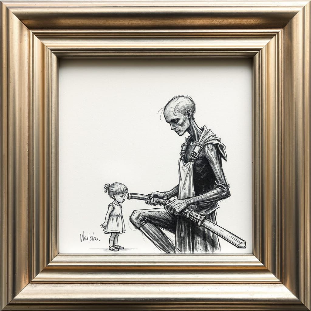 A Delicate Sketch of a Blacksmith and the Young Goddess in a...