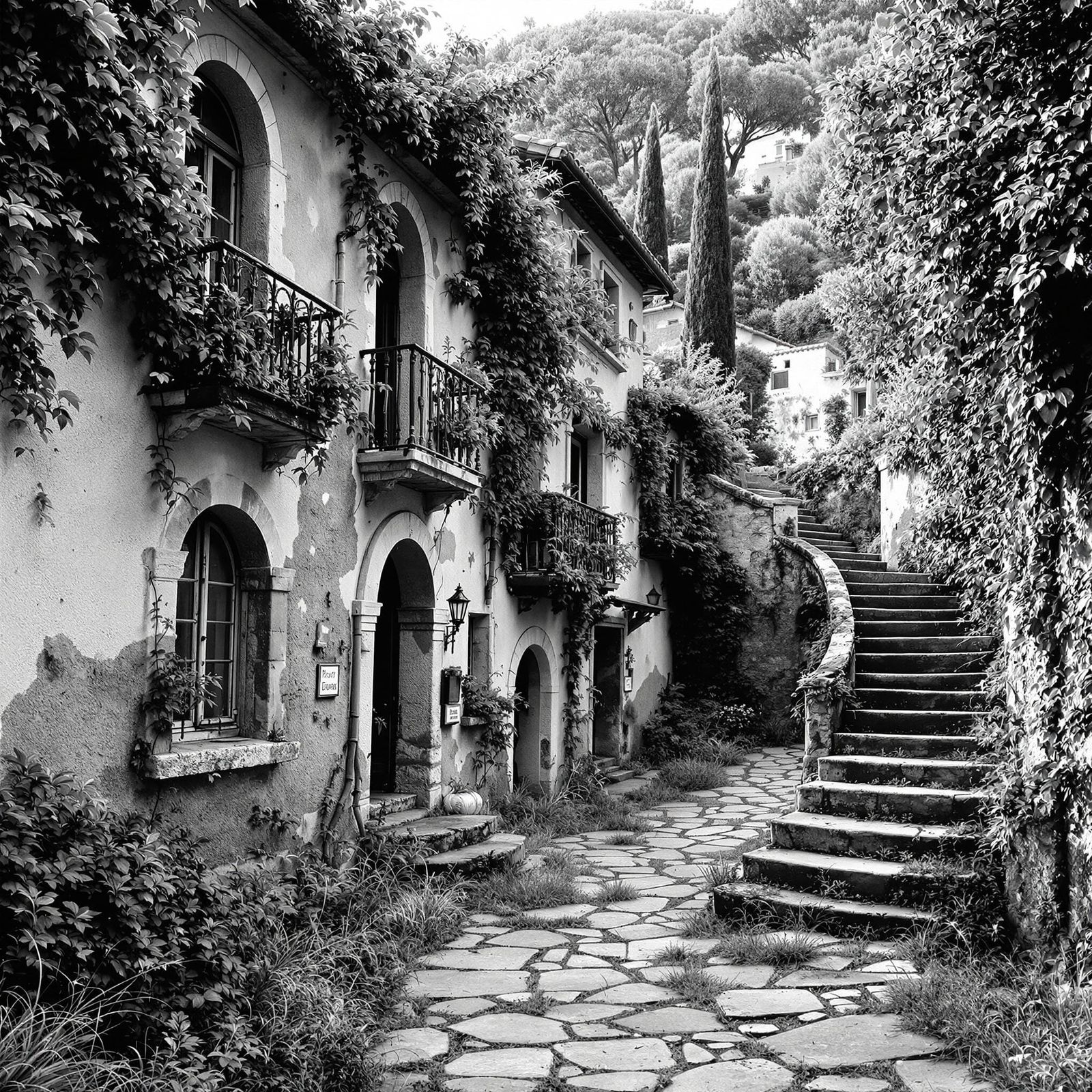 Timeless Mediterranean Village in Black and White Hues