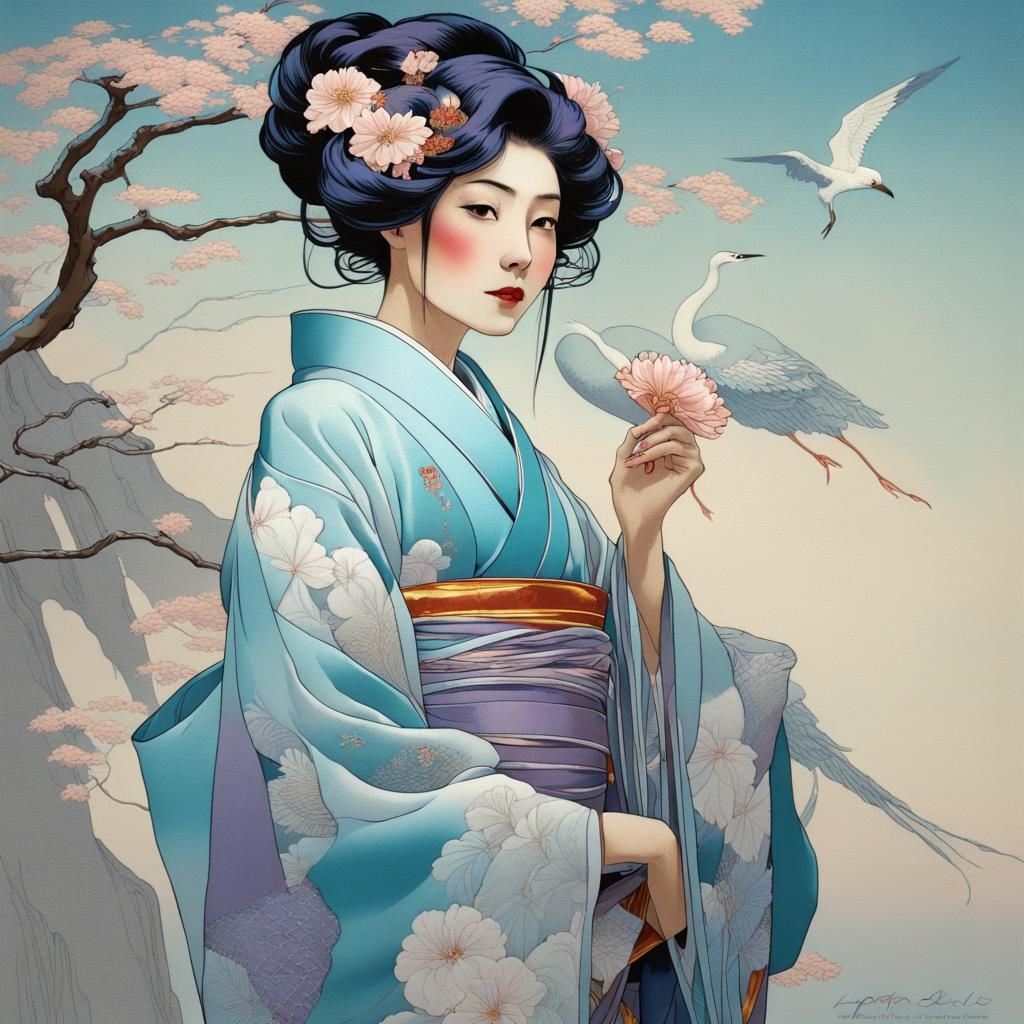 Elegant Japanese Woman in Kimono, Art Nouveau Style