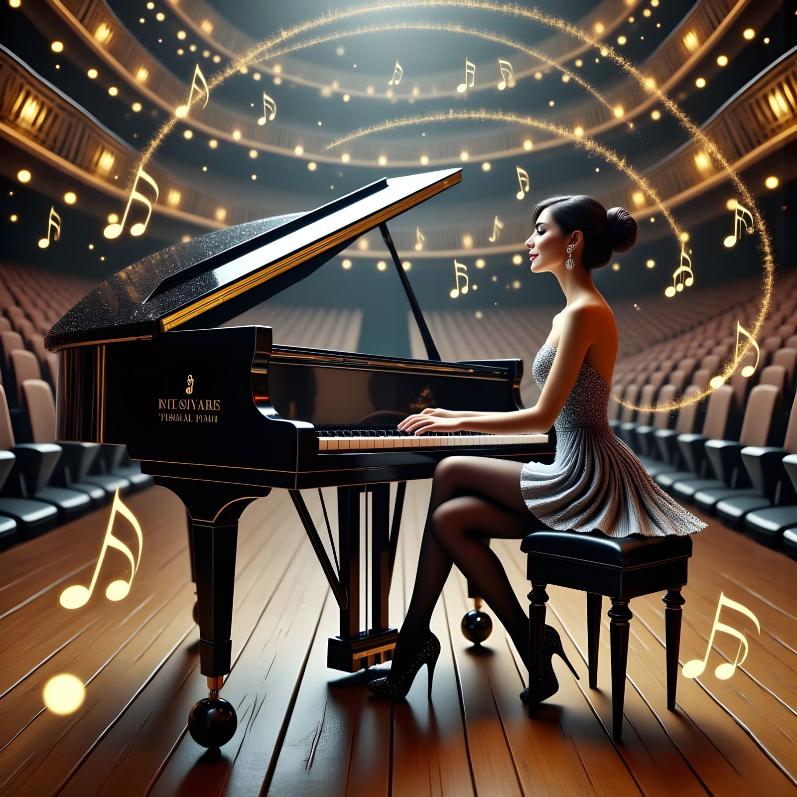 Asian Woman in Silver Minidress Plays Steinway Grand Piano i...